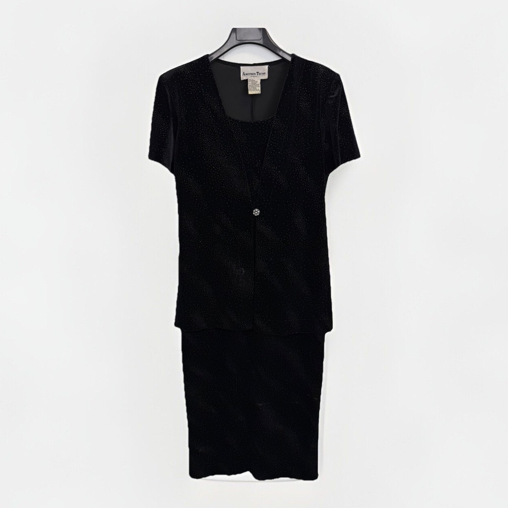ANOTHER‎ THYME Women's 12 Black Velvet Silver Glitter Stretch Formal Dress 2-fer